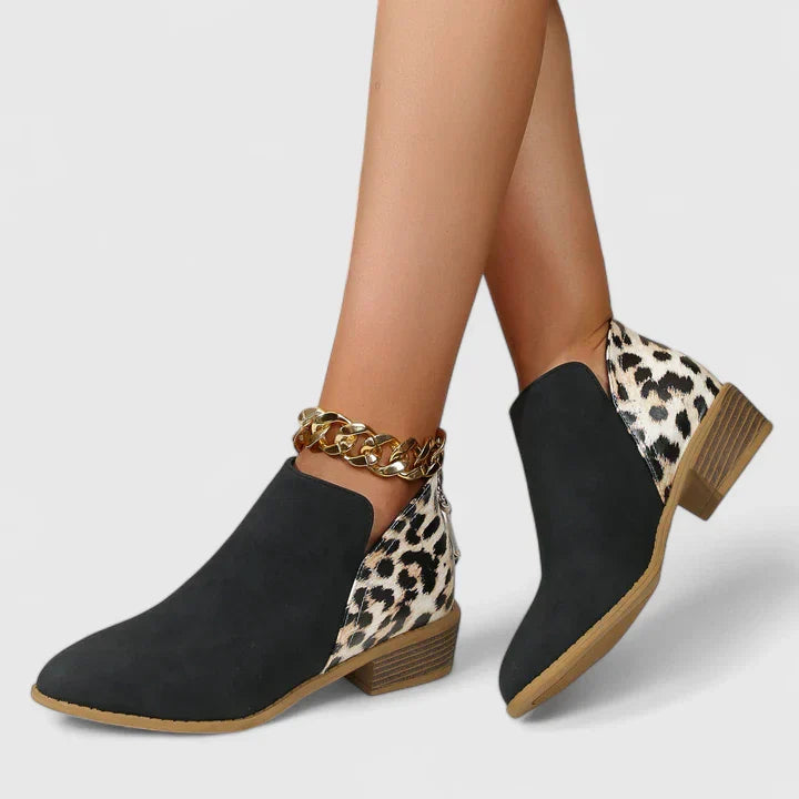 Calantha | Black Suede Orthopedic Boots with Leopard Accent
