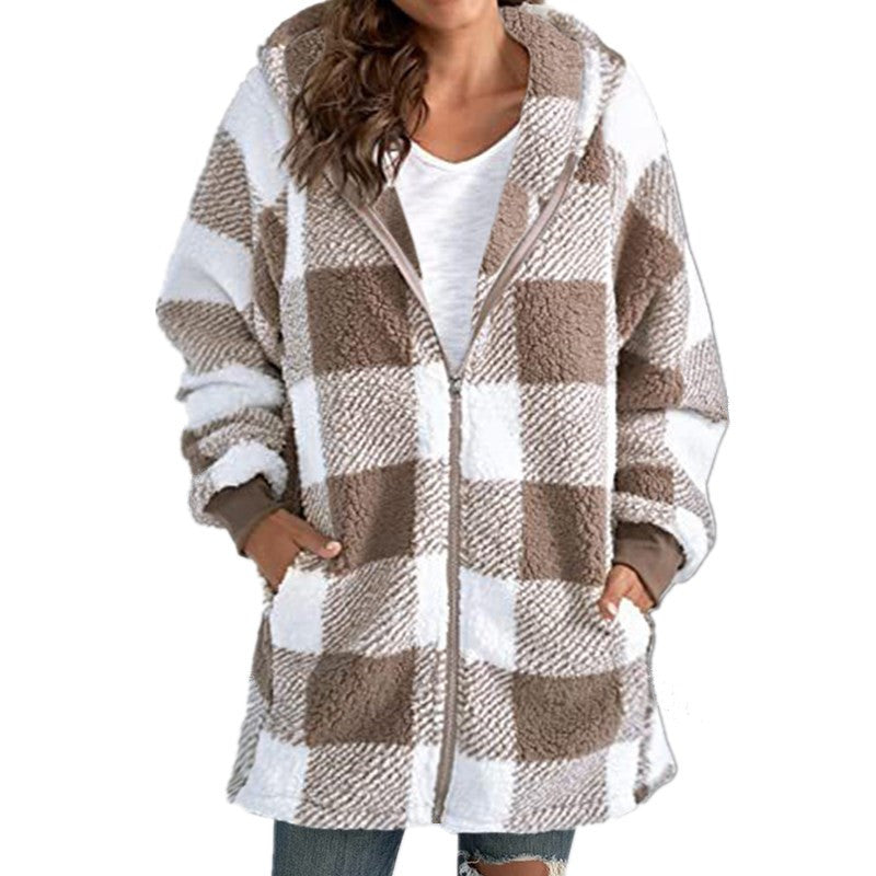 Calantha | Plaid Fleece Long Sleeve Hooded Coat in Black and White Sherpa