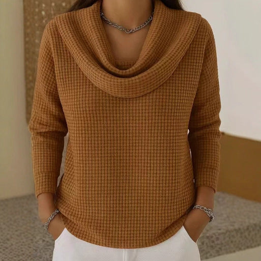 Alethea | Alethea – Blue Warm Waffle Knit Sweater With Elegant Cowl Neck