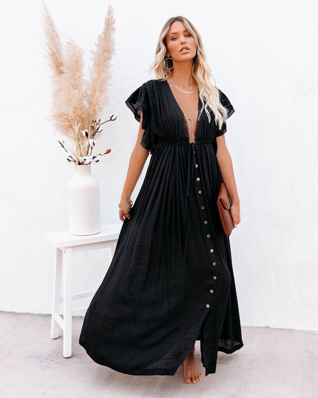 Astrid | Women’s Summer Boho Button Front Maxi Dress in Black Linen