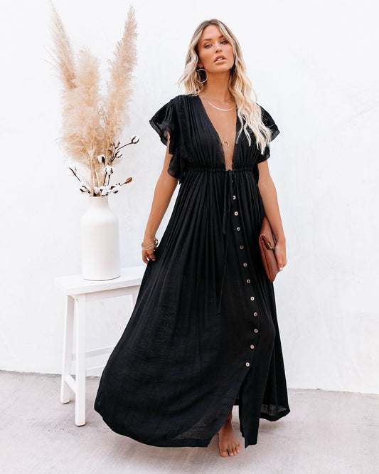 Astrid | Women’s Summer Boho Button Front Maxi Dress in Black Linen