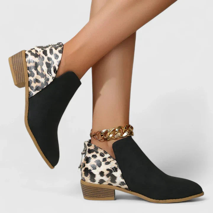 Calantha | Black Suede Orthopedic Boots with Leopard Accent
