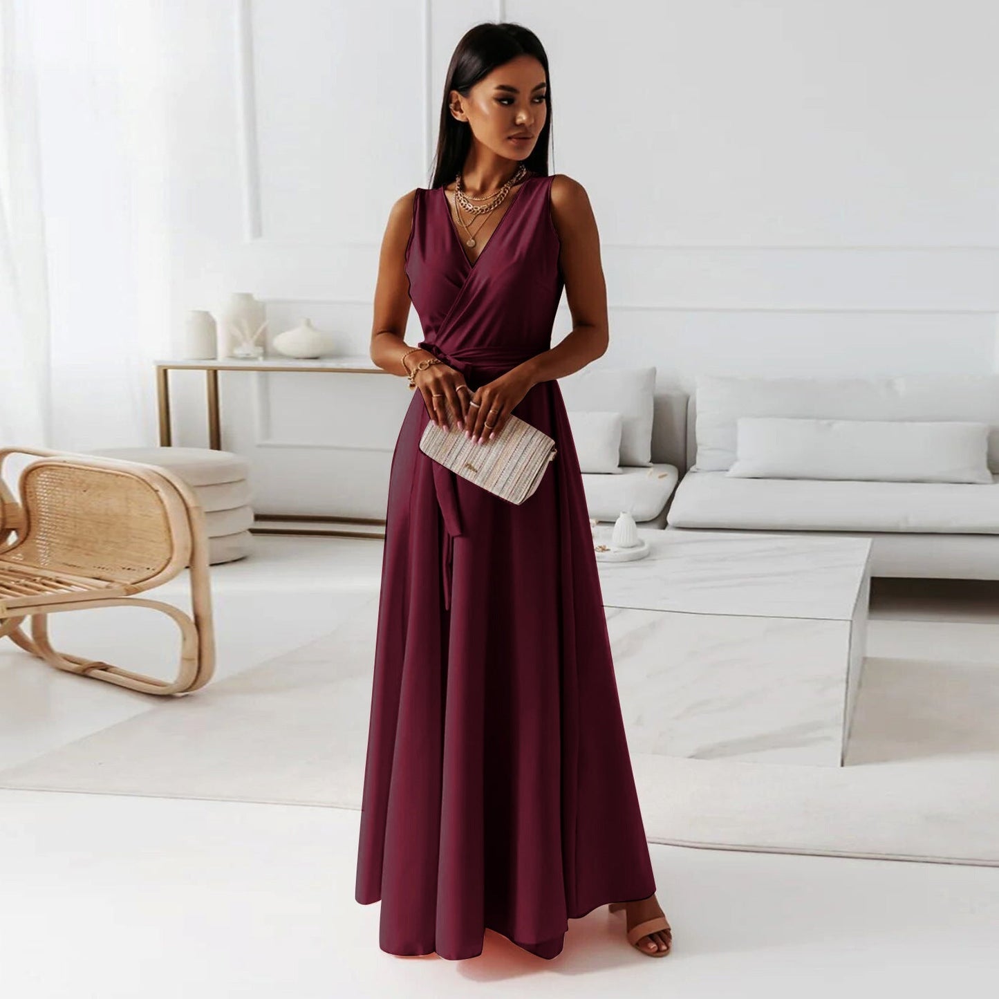 Alethea | Elegant Blush Pink Wrap Maxi Dress for Women Wedding Guest
