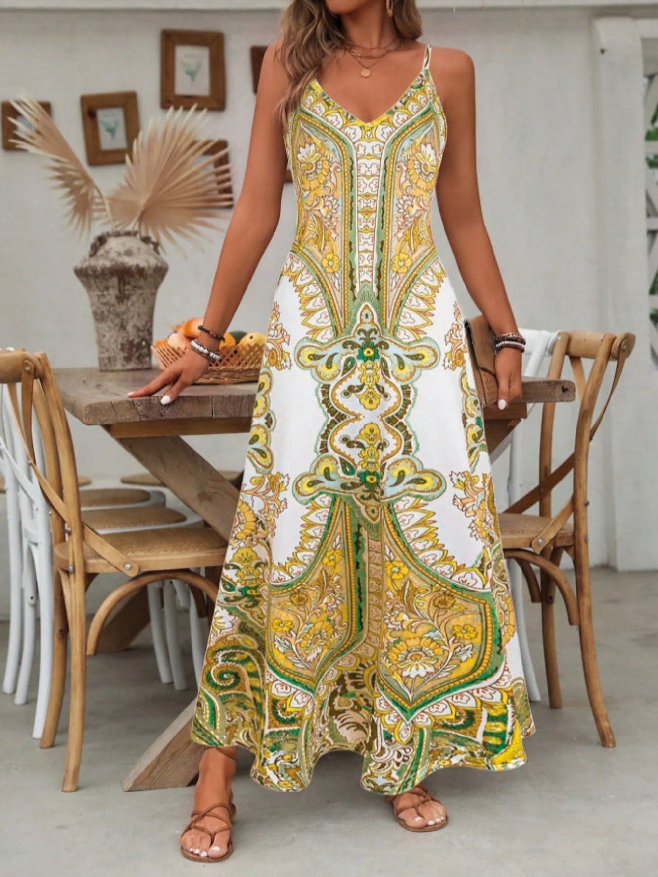 Calista | Women’s Boho Paisley V Neck Maxi Dress in Blue White