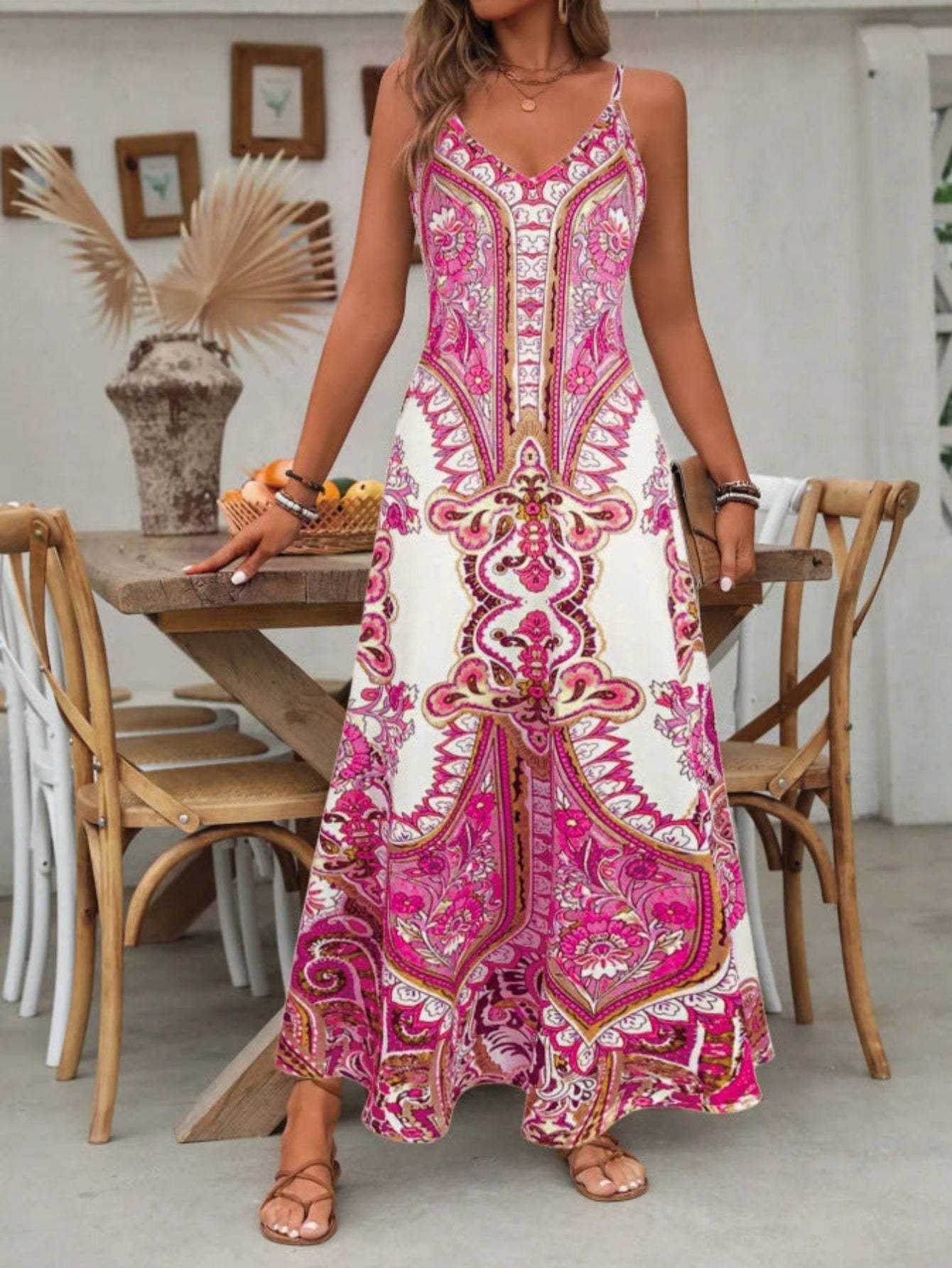 Calista | Women’s Boho Paisley V Neck Maxi Dress in Blue White