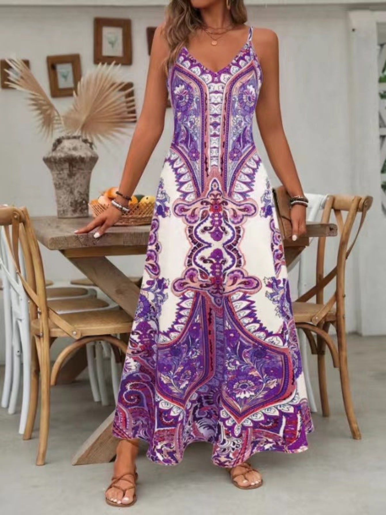 Calista | Women’s Boho Paisley V Neck Maxi Dress in Blue White