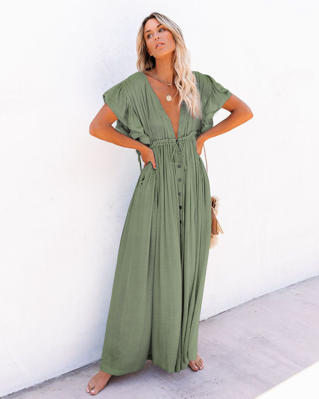 Astrid | Women’s Summer Boho Button Front Maxi Dress in Black Linen