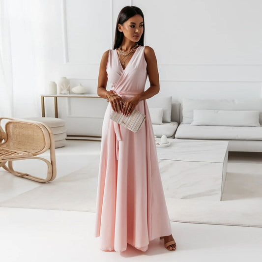 Alethea | Elegant Blush Pink Wrap Maxi Dress for Women Wedding Guest