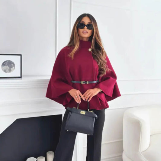 Alethea | Burgundy Cozy High Neck Buttoned Cape