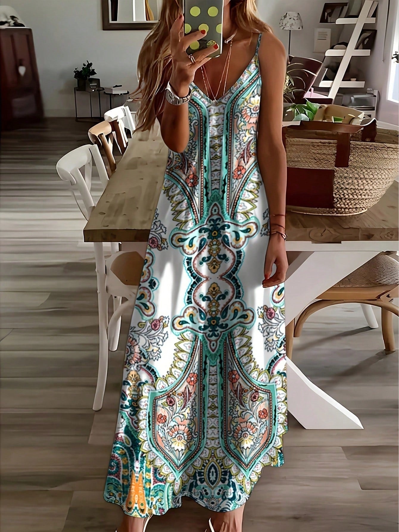 Calista | Women’s Boho Paisley V Neck Maxi Dress in Blue White