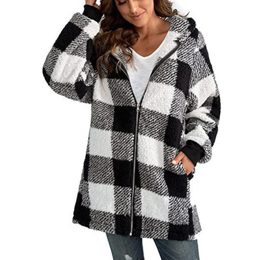 Calantha | Plaid Fleece Long Sleeve Hooded Coat in Black and White Sherpa