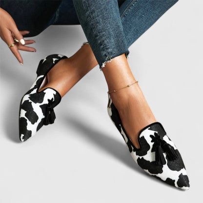 Calantha | Exquisite Black & Beige Cow-Print Sophisticated Loafers