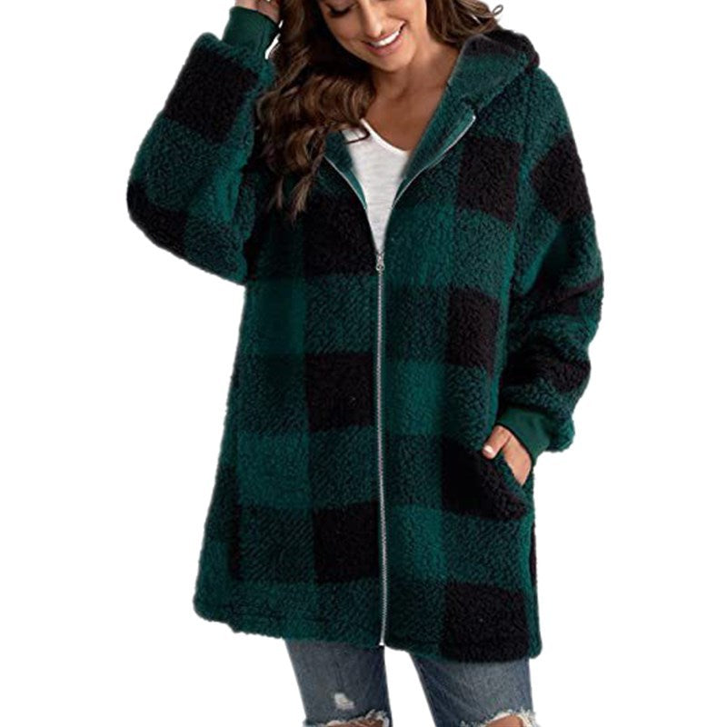 Calantha | Plaid Fleece Long Sleeve Hooded Coat in Black and White Sherpa