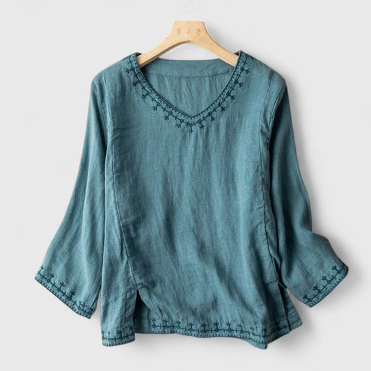 Calista | Elegant V-Neck Linen Blouse in Soothing Teal