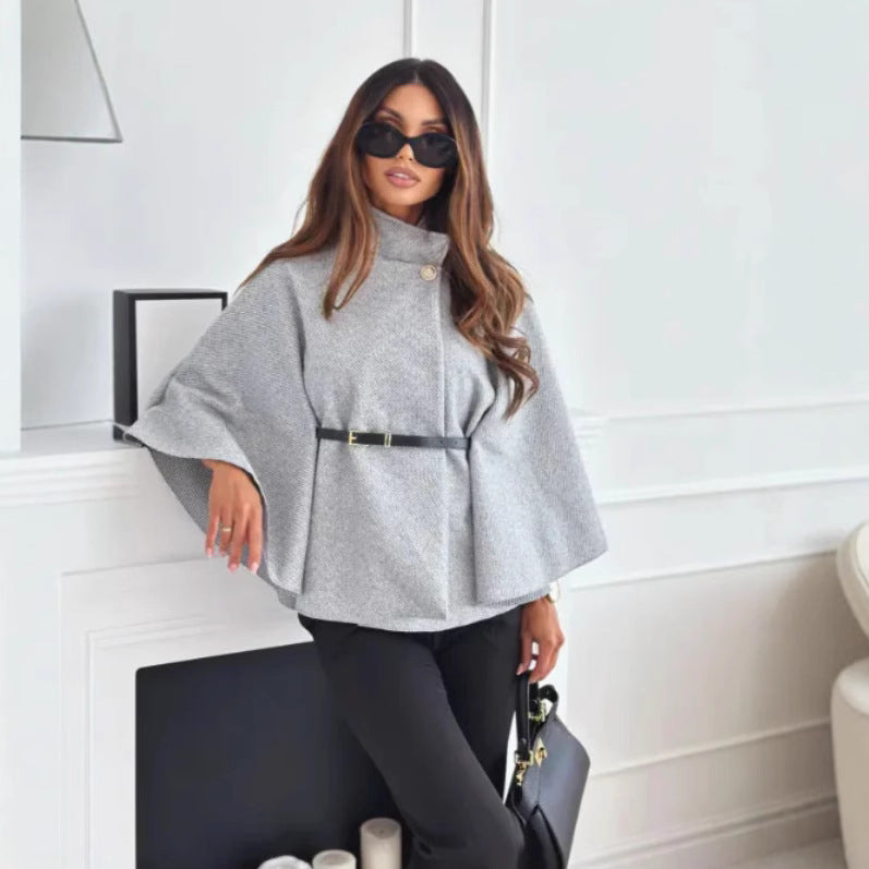 Alethea | Burgundy Cozy High Neck Buttoned Cape