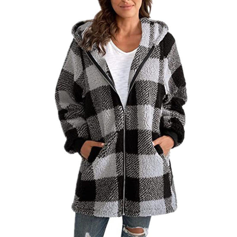 Calantha | Plaid Fleece Long Sleeve Hooded Coat in Black and White Sherpa