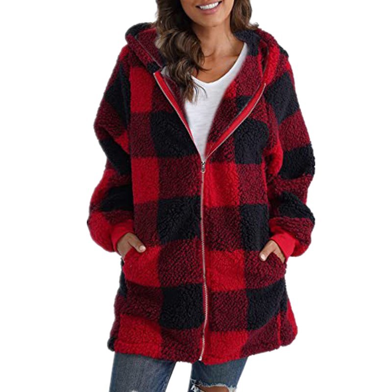 Calantha | Plaid Fleece Long Sleeve Hooded Coat in Black and White Sherpa