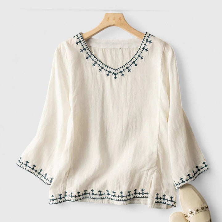 Calista | Elegant V-Neck Linen Blouse in Soothing Teal