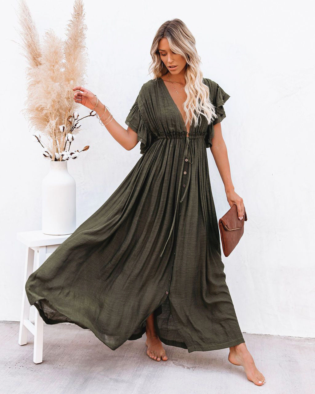 Astrid | Women’s Summer Boho Button Front Maxi Dress in Black Linen