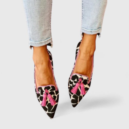 Calantha | Exquisite Black & Beige Cow-Print Sophisticated Loafers