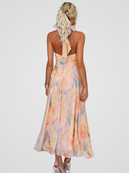 Calista | Elegant Midi Dress in Pastel Floral Chiffon