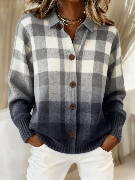 Astrid | Grey Ombre Checked Knitted Blouse