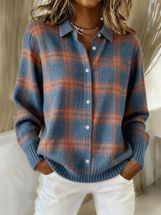Astrid | Knitted Blouse With Soft Blue Orange Check Pattern