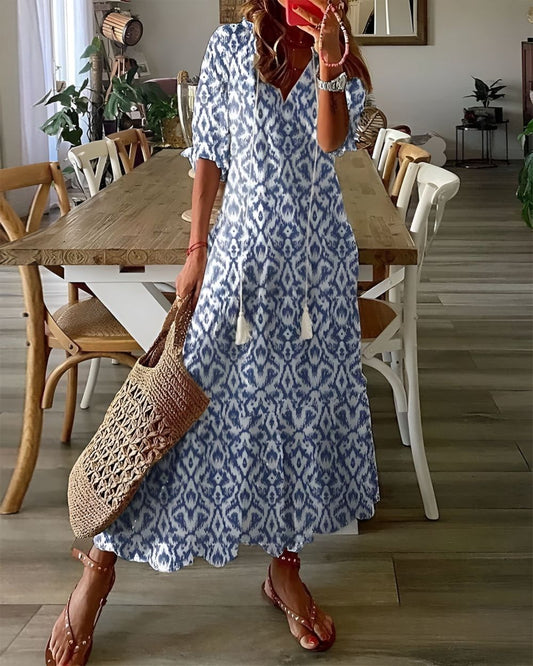 Astrid | Women's Boho Chic Blue Printed V Neck Maxi Dress