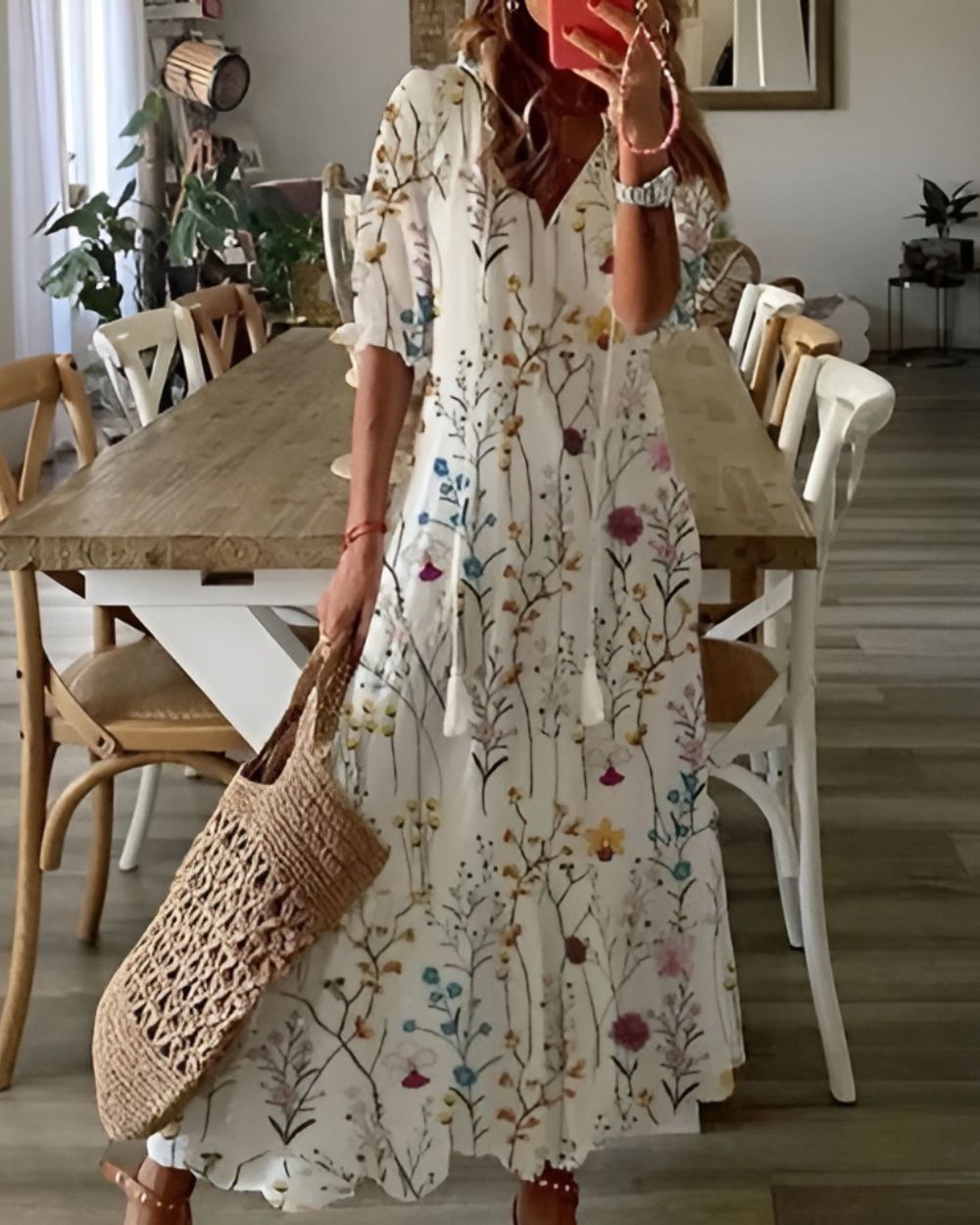 Astrid | Women's Boho Chic Blue Printed V Neck Maxi Dress
