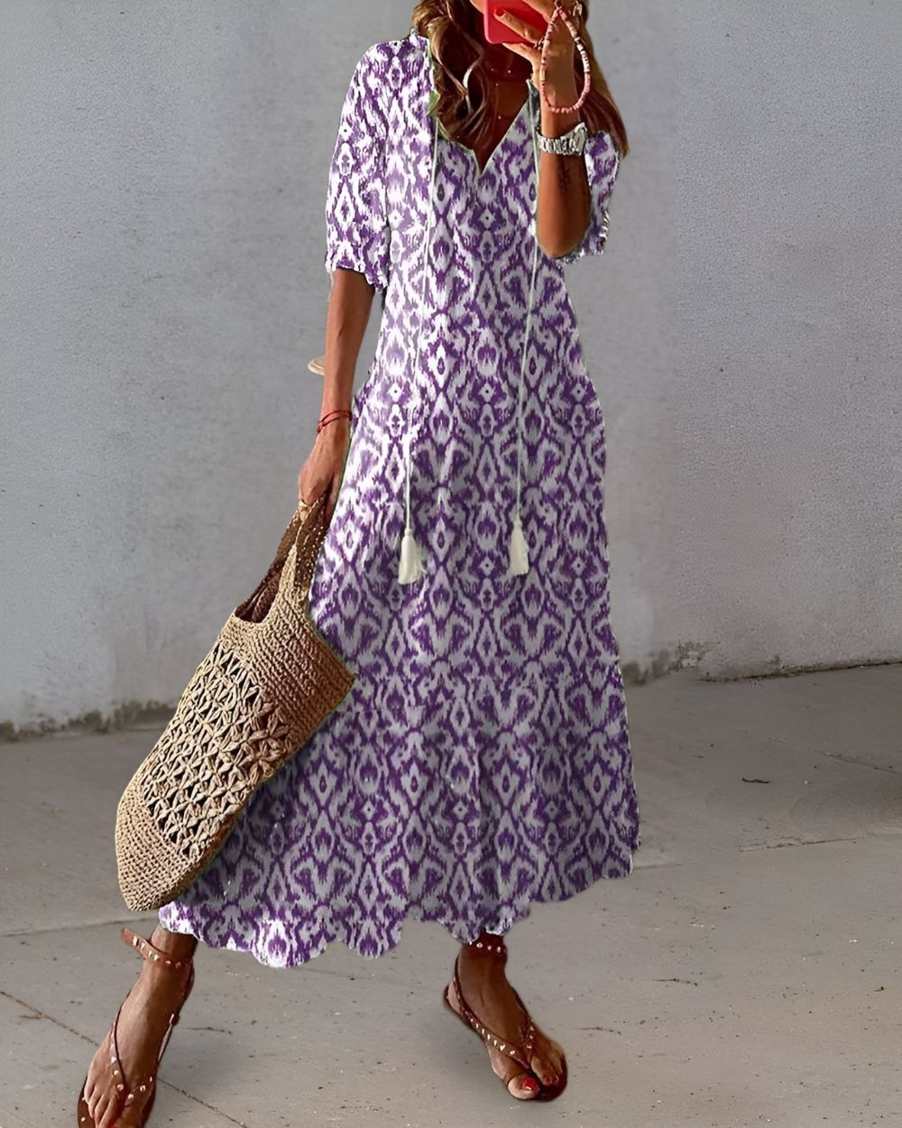 Astrid | Women's Boho Chic Blue Printed V Neck Maxi Dress
