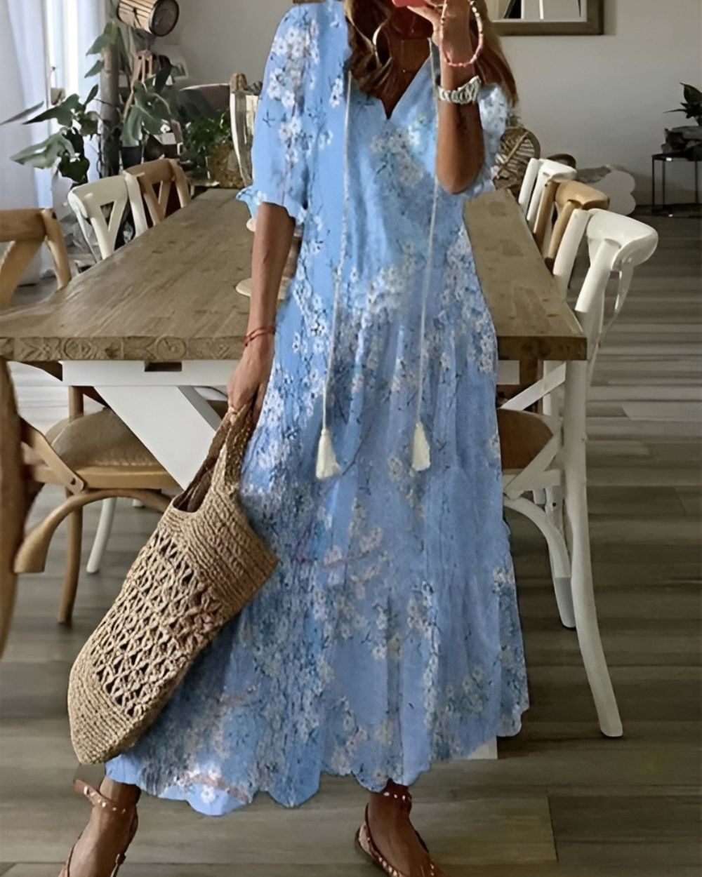 Astrid | Women's Boho Chic Blue Printed V Neck Maxi Dress