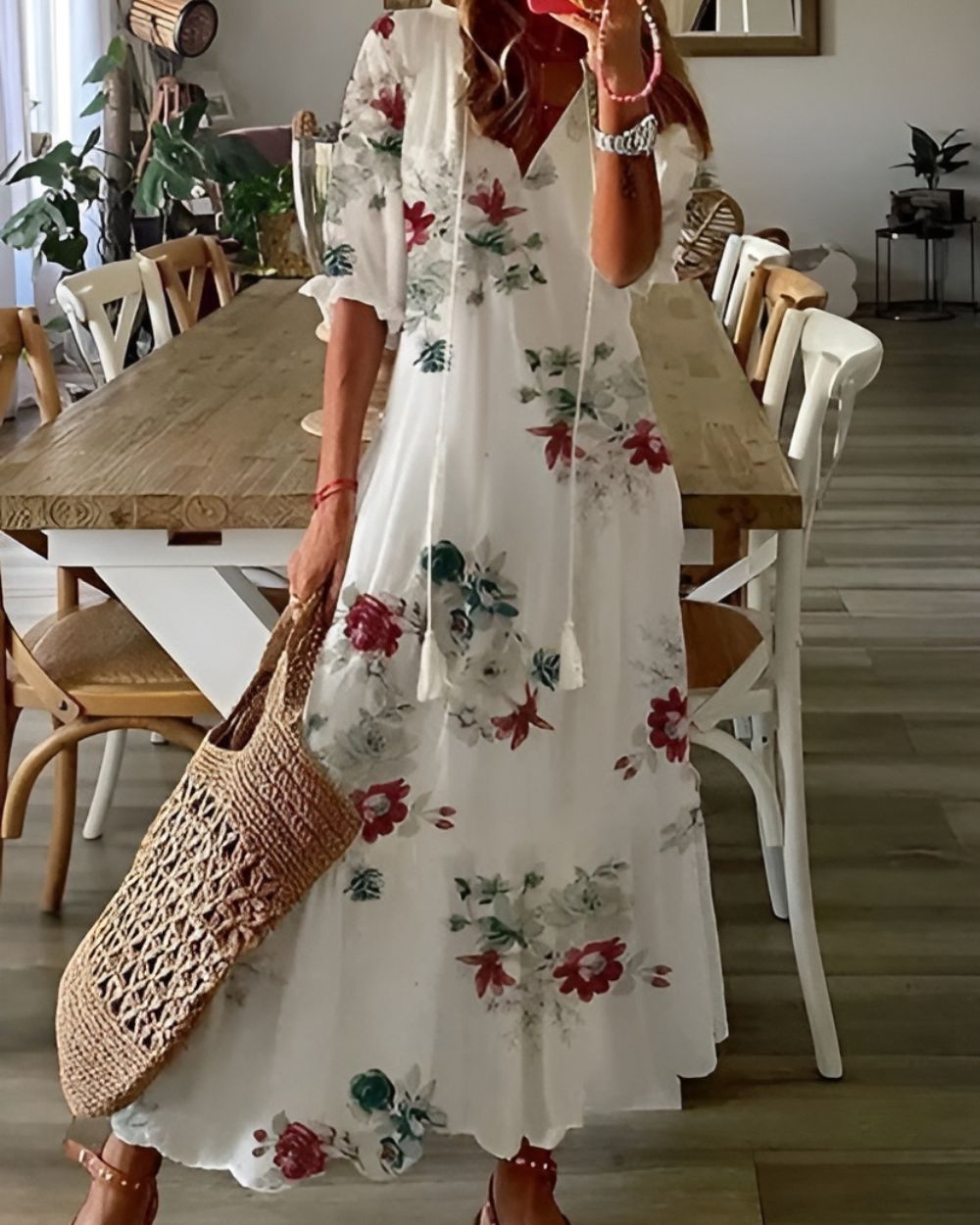 Astrid | Women's Boho Chic Blue Printed V Neck Maxi Dress