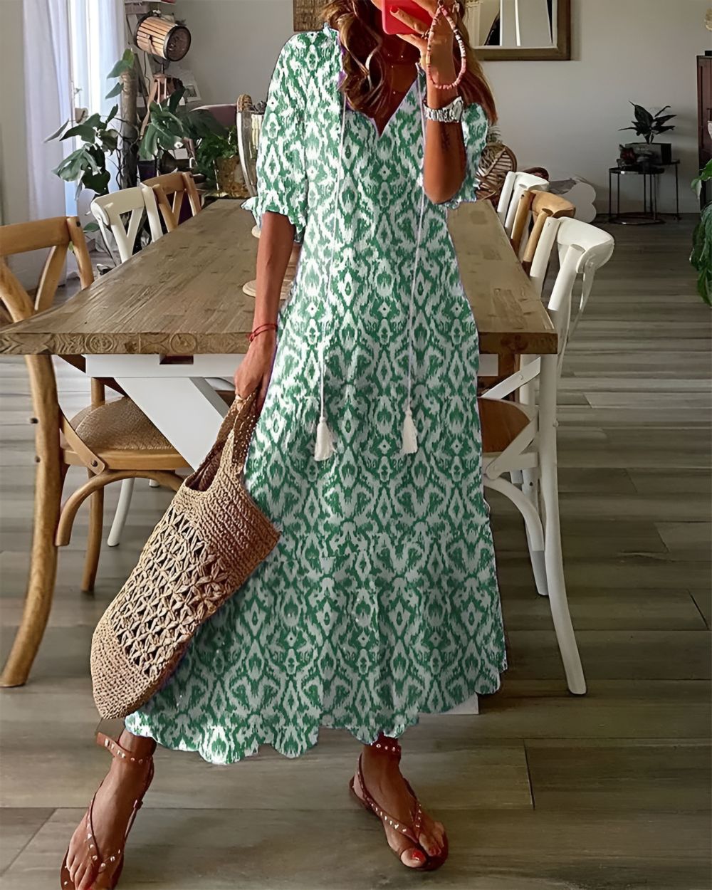 Astrid | Women's Boho Chic Blue Printed V Neck Maxi Dress
