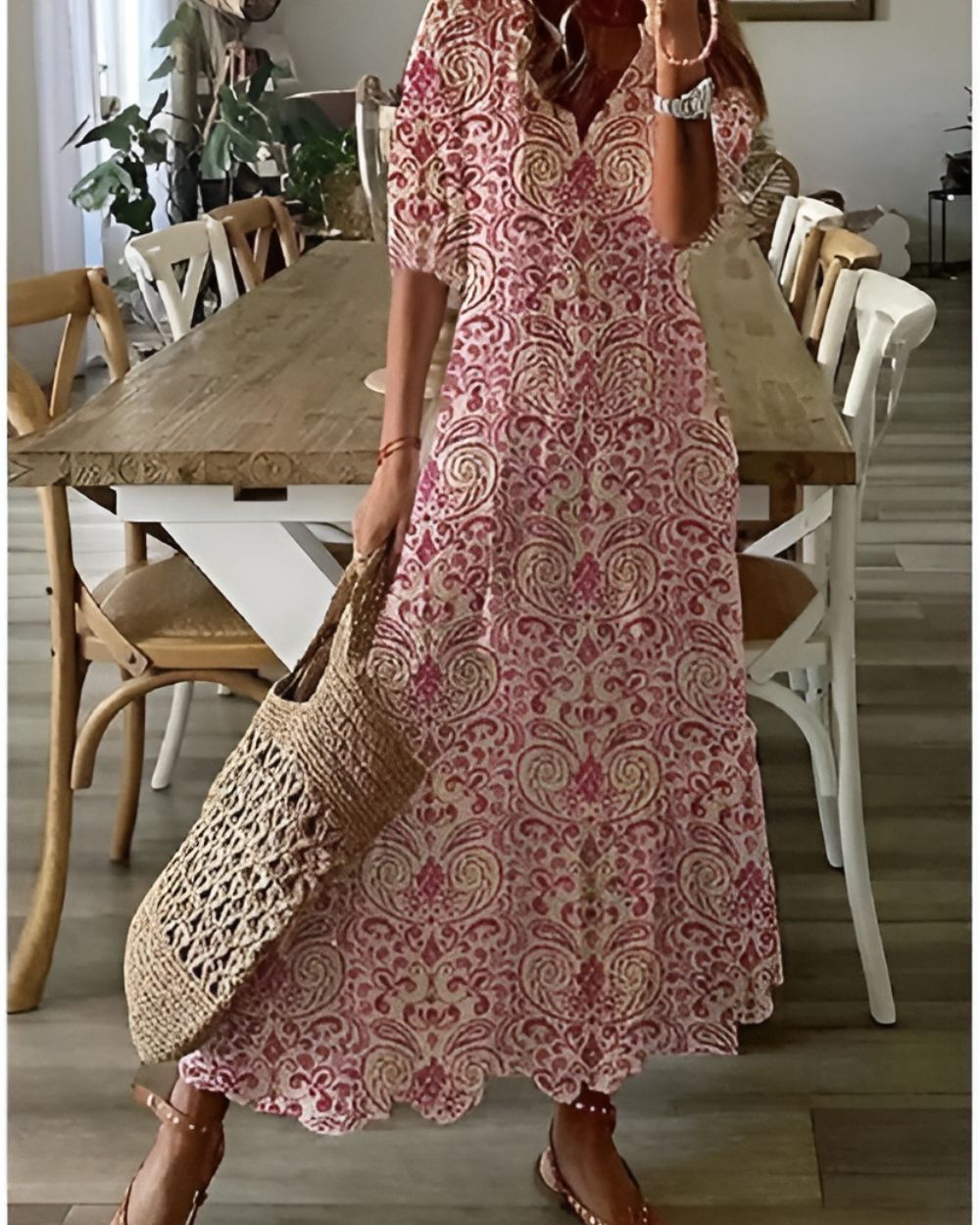 Astrid | Women's Boho Chic Blue Printed V Neck Maxi Dress