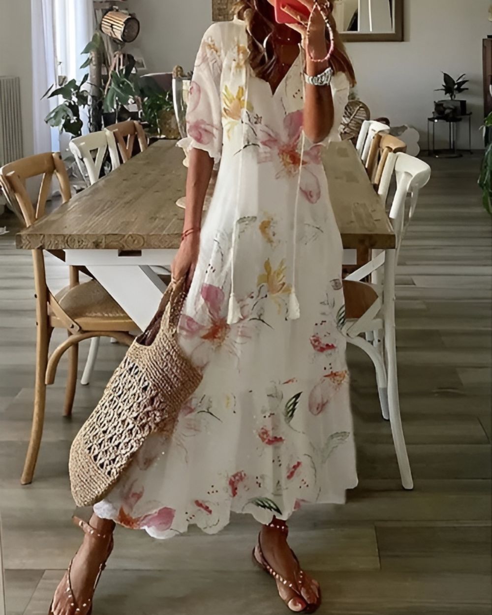 Astrid | Women's Boho Chic Blue Printed V Neck Maxi Dress