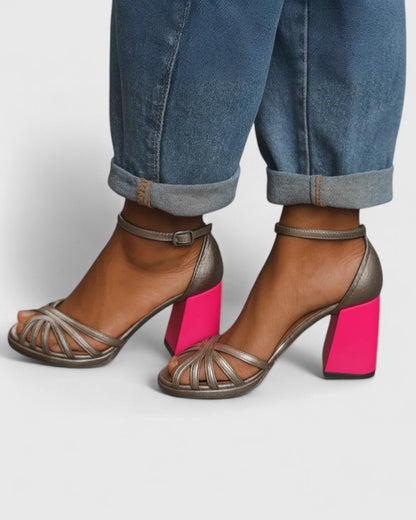 Calantha | Metallic Strappy Sophisticated Sandals with Pink Heel