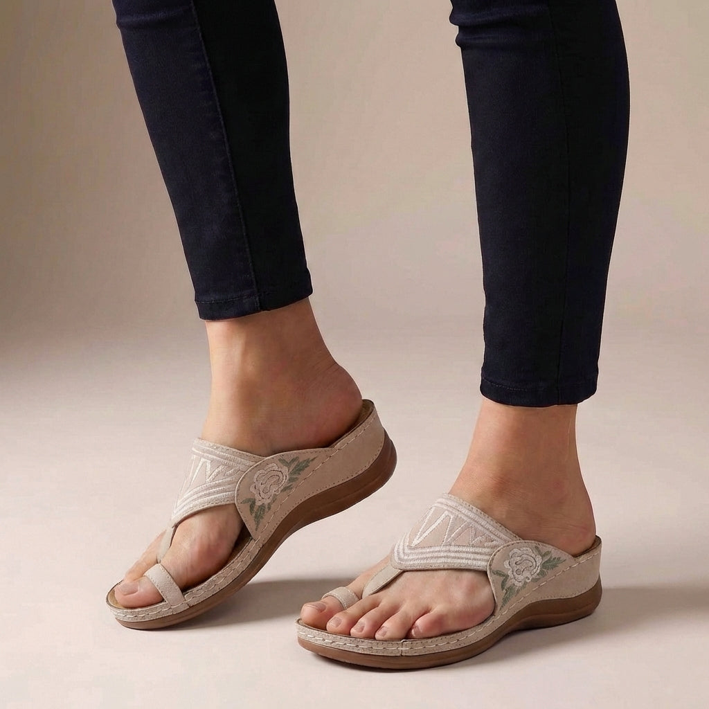 Adeline | Women's Orthopedic Floral Embroidered Brown Wedge Sandals