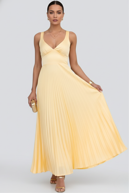 Calista | Women's V-Neck Pleated Skirt Maxi Dress in Soft Yellow