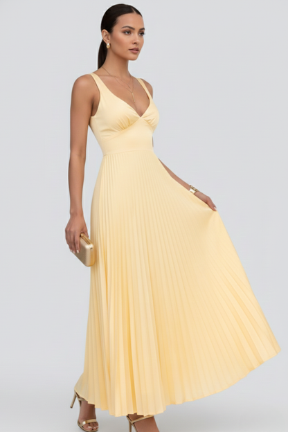 Calista | Women's V-Neck Pleated Skirt Maxi Dress in Soft Yellow