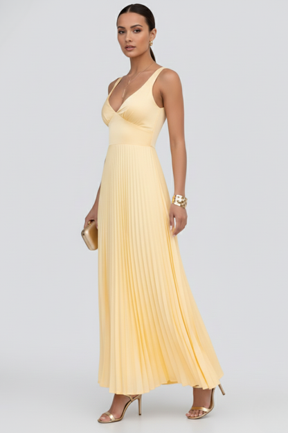 Calista | Women's V-Neck Pleated Skirt Maxi Dress in Soft Yellow