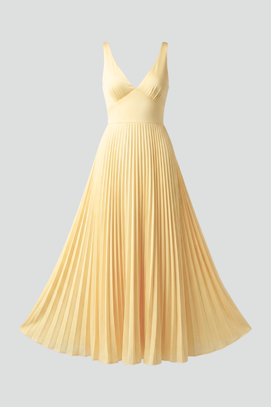 Calista | Women's V-Neck Pleated Skirt Maxi Dress in Soft Yellow