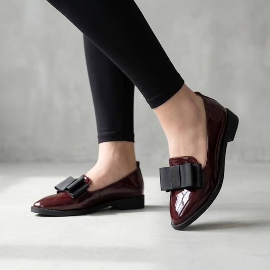 Aurelia | Women’s Orthopedic Pointed Toe Bow Detail Loafers - Burgundy Patent Leather