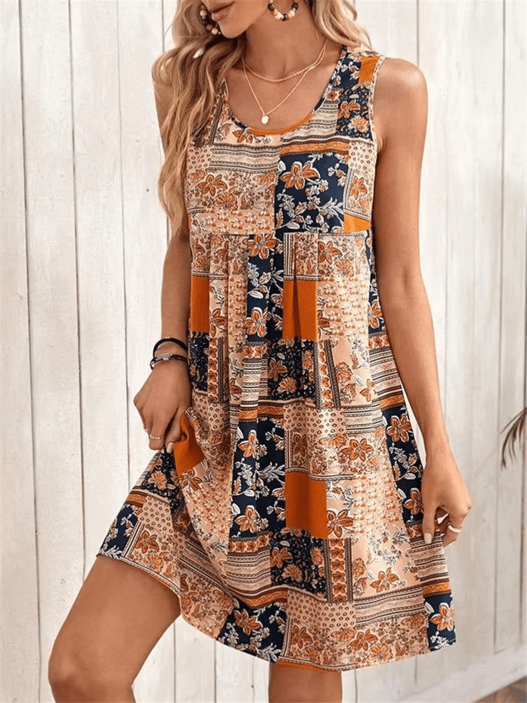 Alethea | Women's Boho Patchwork Lace Trim Sleeveless Mini Dress