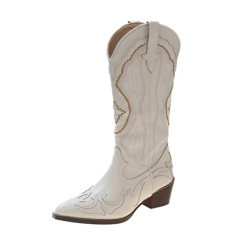 Astrid | Cream Embossed Western Cowboy Boots