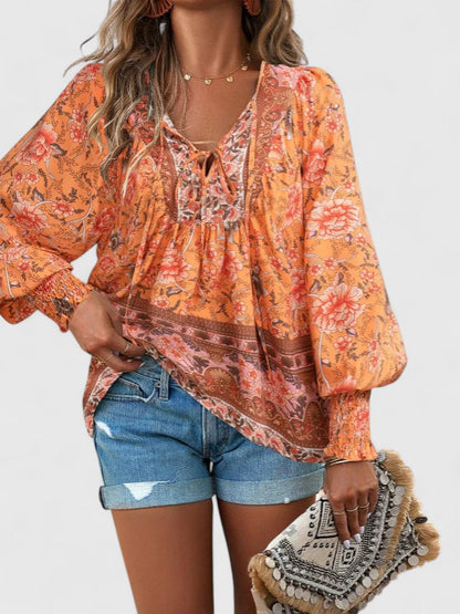 Calista | Women's Boho Floral Pink Long Sleeve Peasant Top