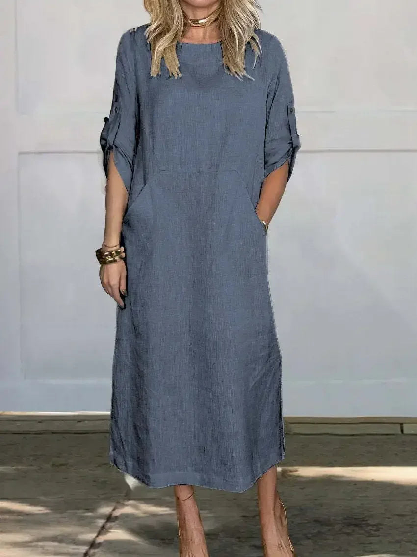 Alethea | Women's A-Line Loose Fit Draped White Linen Dress