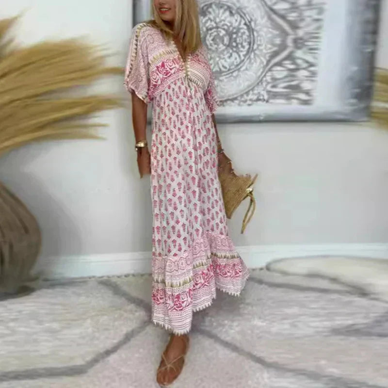 Astrid | Women's Boho Chic Pink Tassel Detail Short Sleeve Maxi Dress