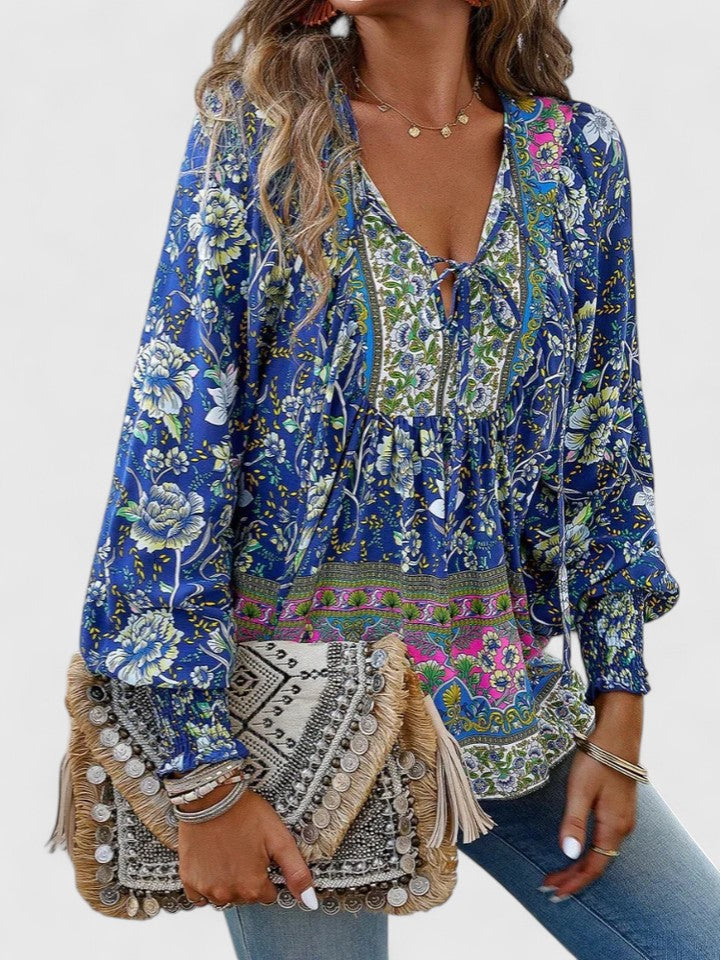 Calista | Women's Boho Floral Pink Long Sleeve Peasant Top