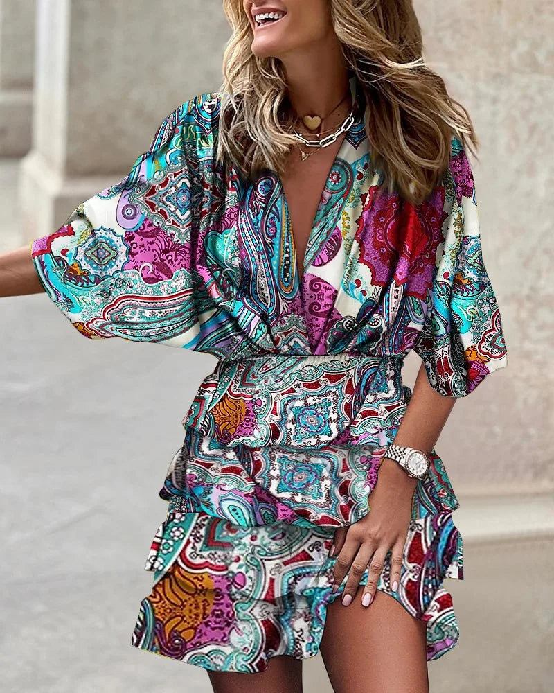 Alethea | Women’s Boho Printed Ruffle Mini Dress in Vibrant Yellow