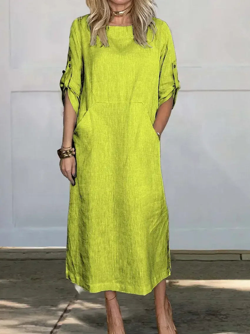 Alethea | Women's A-Line Loose Fit Draped White Linen Dress